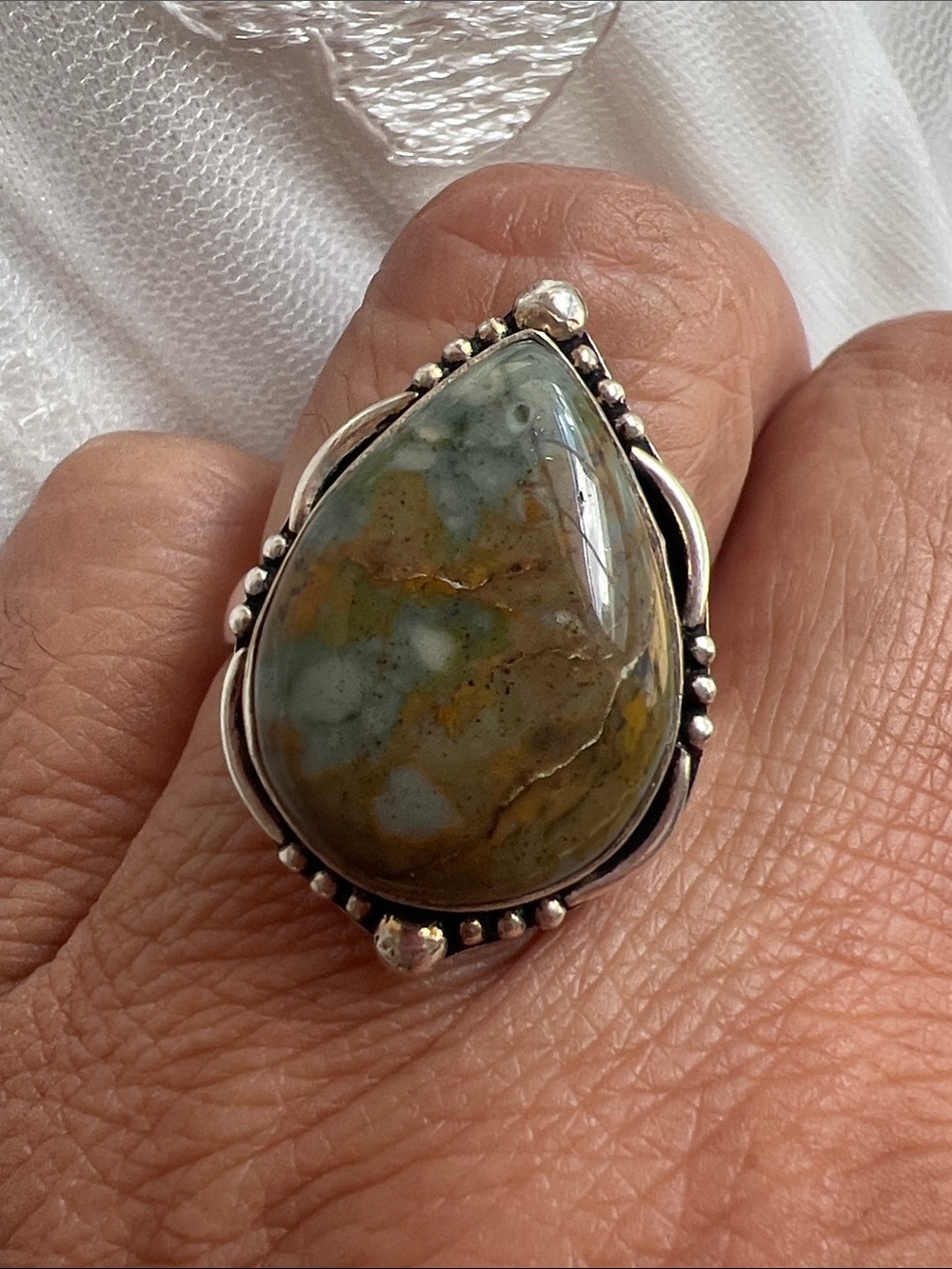 Teardrop Green and Brown Gemstone Sterling-Style Ring